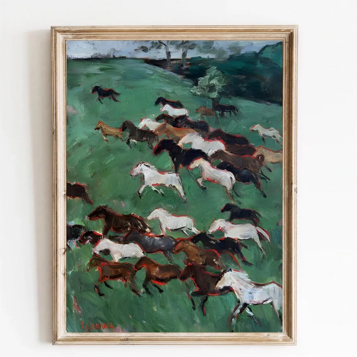 Running wild horses impressionist wall art printable, herd painting print, home decor