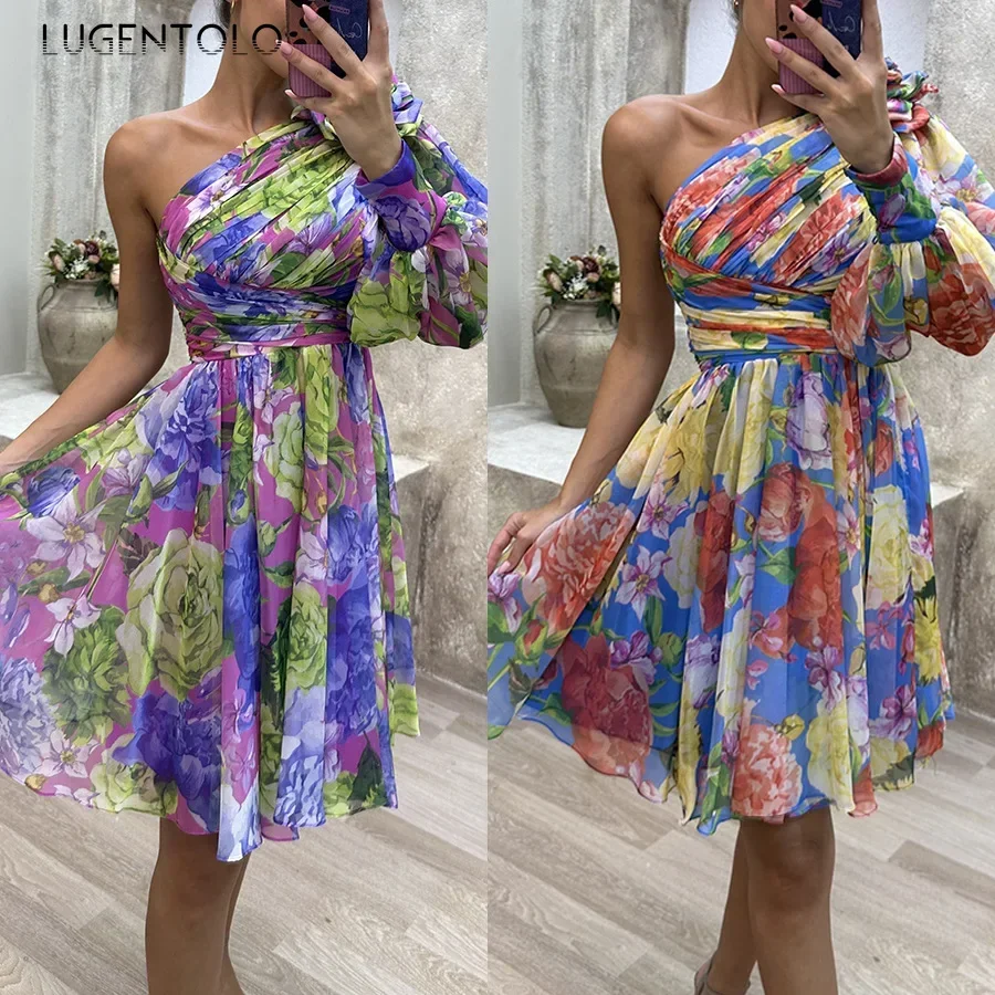 

Women Fashion Dress Floral Sexy Print New Slanted One-shoulders Female Party Casual Elegant Short Clothing Lugentolo