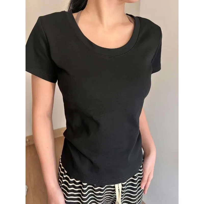 Schulter Kurzarm U-Ausschnitt T-Shirt Frauen Sommer neue reine Baumwolle Slim-Fit niedrigen Rundhals ausschnitt Basic neue einfarbige Top lässig