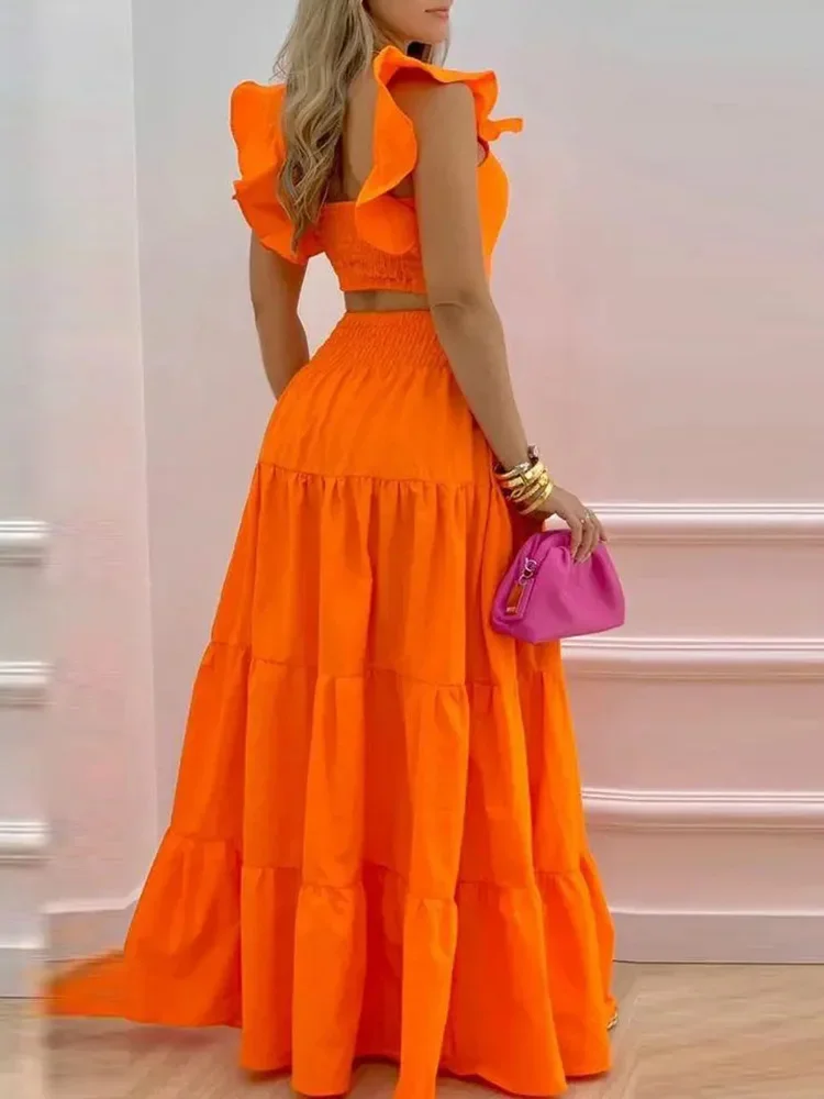 Floral Print Shirred Back Crop Tops & Maxi Skirts Set Summer Women Two Piece Set