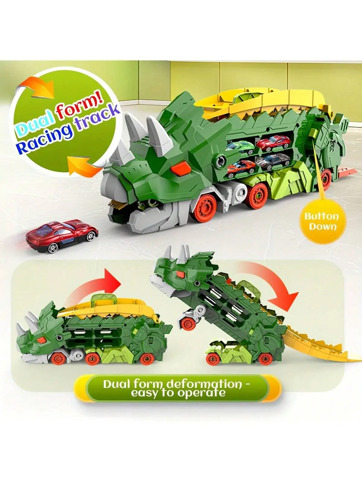 New product folding dinosaur Transporter Car Toys competitive game roll to eat & store die-cast cars（Come with2 Metal Cars）