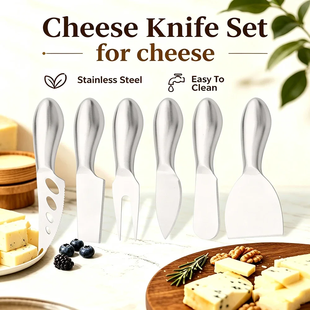 6Pcs Matte Stainless Sttel Handle Cheese Knife Set Mini Cheese Knife Butter Knife Slicer Knife Pizza Cutter Baked Cheese Knife