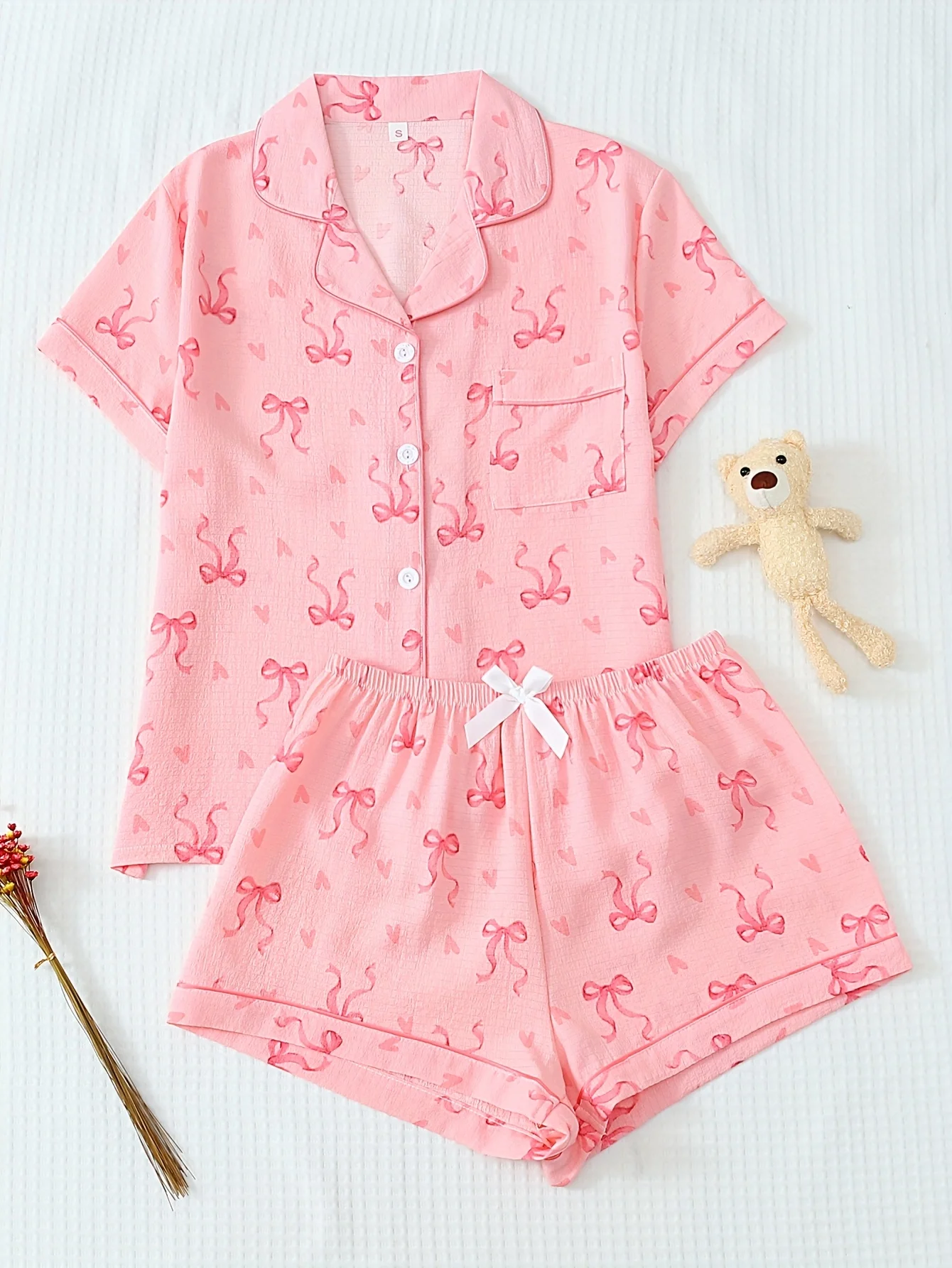 

Women's Love Bow Printed Summer Pajama Set Short Sleeve Button Cardigan Shirt and Bow Shorts Spring Summer Casual Loungewear
