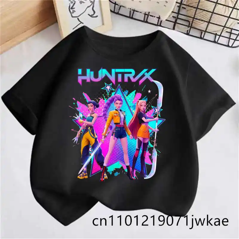 T-shirt d'été noir à manches courtes pour enfants, vêtements de mode pour bébés, Kpop Demon Hunte rs Saja Boy, imprimé décontracté pour enfants, filles