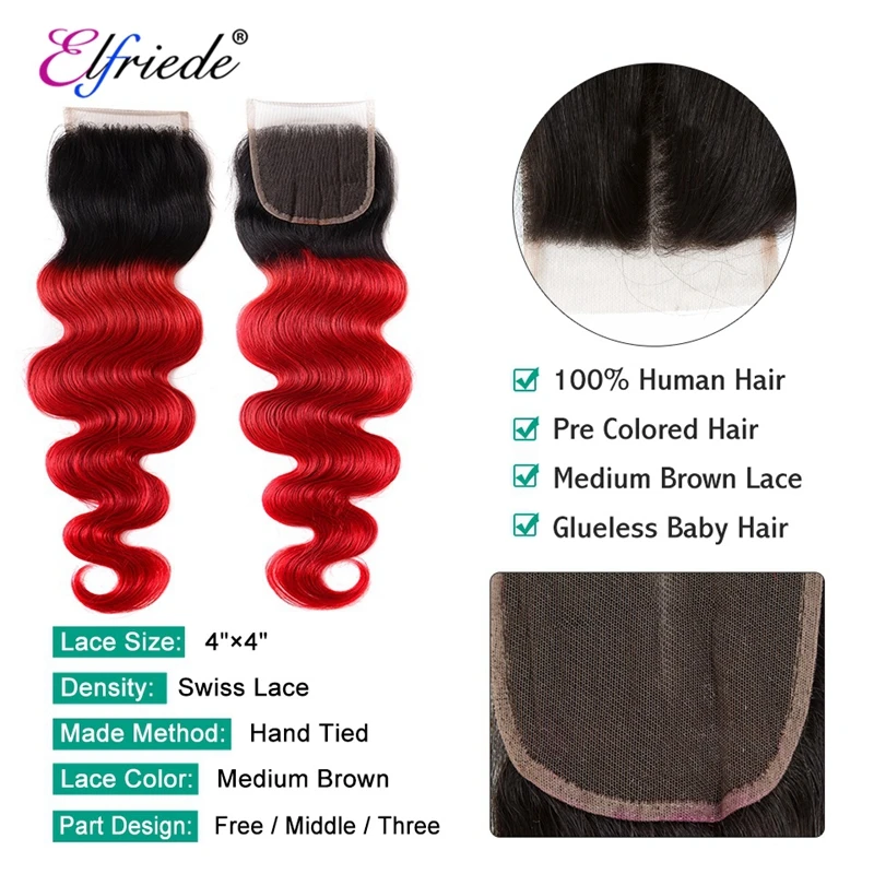 Elfriede Ombre # 1B/rojo 3 mechones con cierre cuerpo ondulado 100% extensiones de cabello humano brasileño con cierre de encaje transparente 4X4
