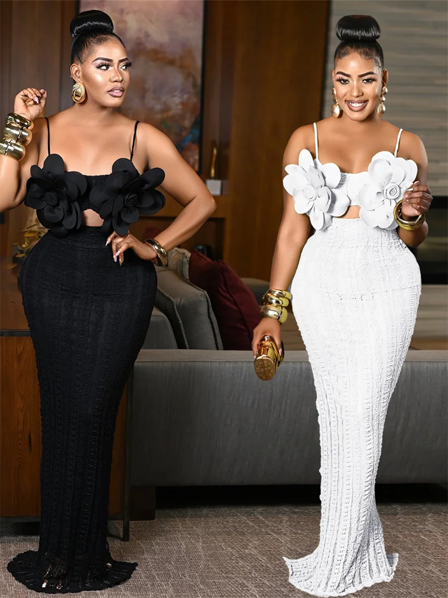 Kliou Moda sexy Abiti lunghi Donna Decorazione floreale 3d Collo basso Senza maniche Backless Hot Girls High Street Style Abiti