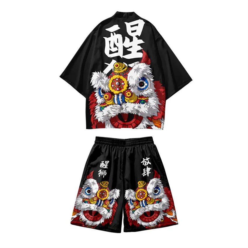 Two-piece Suit Japanese Cardigan Men Cosplay Chinese Style Dragon Lion Dance Print Yukata Red Kimono Shorts Sets Asian Clothing