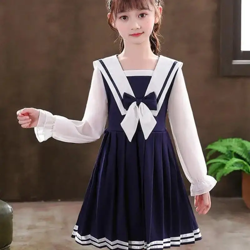 

Kawaii Girl Fashion Tops Dress Student Spring and Autumn Casual Cartoon Navy Leader Long Sleeves Shirt Skirt Children's Clothing