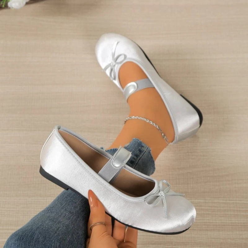 2026 Women's Mary Jane Shoes Ballet Flats Female Bow Silk Satin shoes Round Toe Flat Women Plus Size Shallow mouth shoes