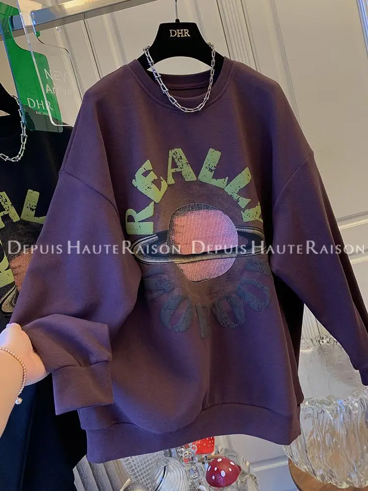 

Oversized Large Size Retro Harajuku Planet Print Sweatshirt Women Hoodies Autumn Winter Loose Versatile Long-sleeved Top Trendy