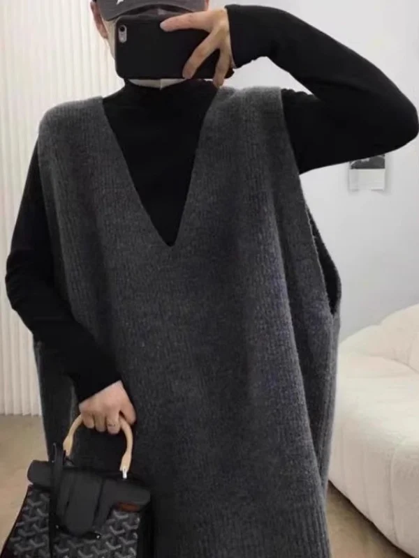 

Очень большой вязаный жилет-безрукавка 300 Pou Lazy Sle для весны, осени и зимы, повседневный, для многослойных образов, с V-образным вырезом