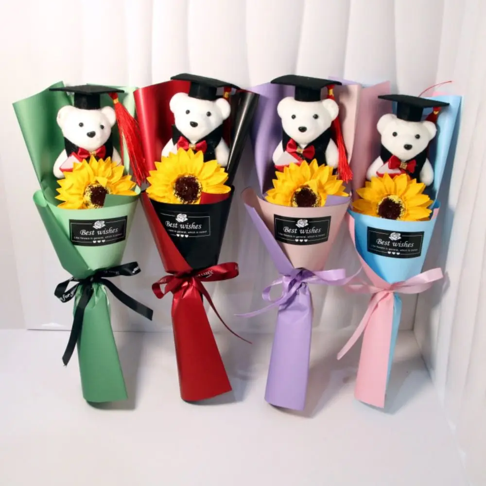 

Chic Cute Graduation Bear Bouquet Toy Stunning Sunflower Soap Bouquet Gift Cartoon Lovely Bear Birthday Party