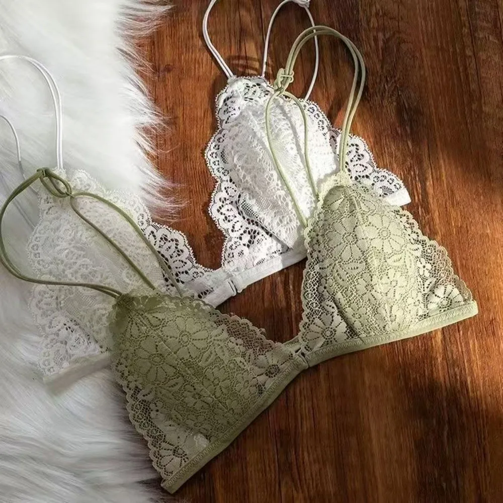 Sujetador inalámbrico ultrafino con tirantes de encaje, tipo V, a prueba de golpes, con botón frontal, lencería con estampado floral de encaje, efecto push-up.