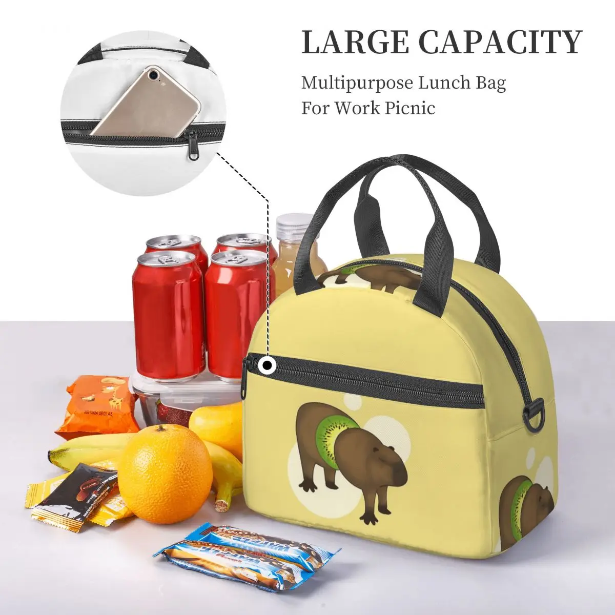 Kiwi Capybara Lunch Bags Insulated Bento Box Resuable Lunch Tote Picnic Bags Cooler Bag for Woman Work