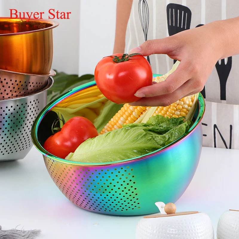 1Pc Rice Washer Strainer Bowl Stainless Steel Rice Washing Bowl Rice Sieve Colander Fruit And Vegetable Strainer Kitchen Tools