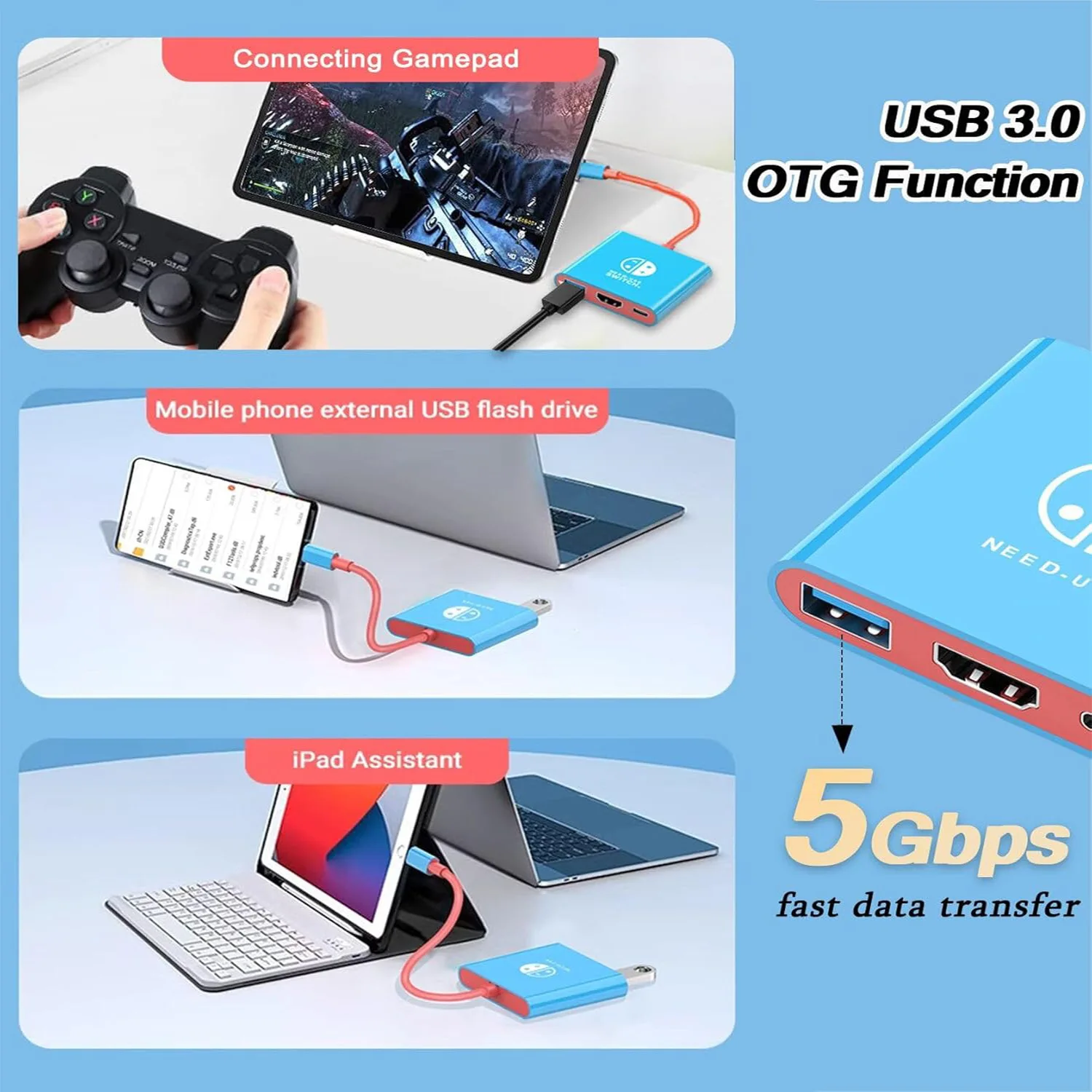 New 3 IN 1 Portable for Nintendo Switch Docking Station TYPE-C Hub with HDMI and USB 3.0 Perfect for Travel and Gaming