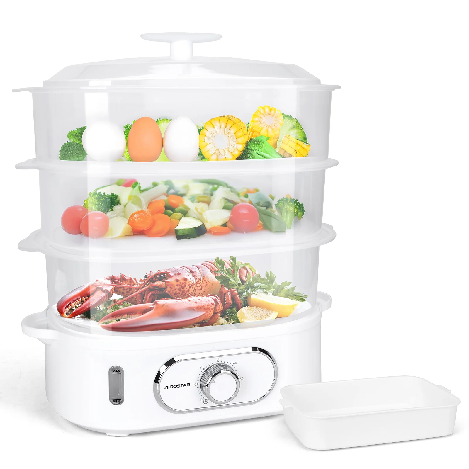 Aigostar Elektrischer Dampfgarer 12L mit Timer, Dampfgarer mit 3 stapelbaren Behältern, Reiskocher & Eierhalter, 60-Minuten-Timer, spülmaschinengeeignet 900 W weiß