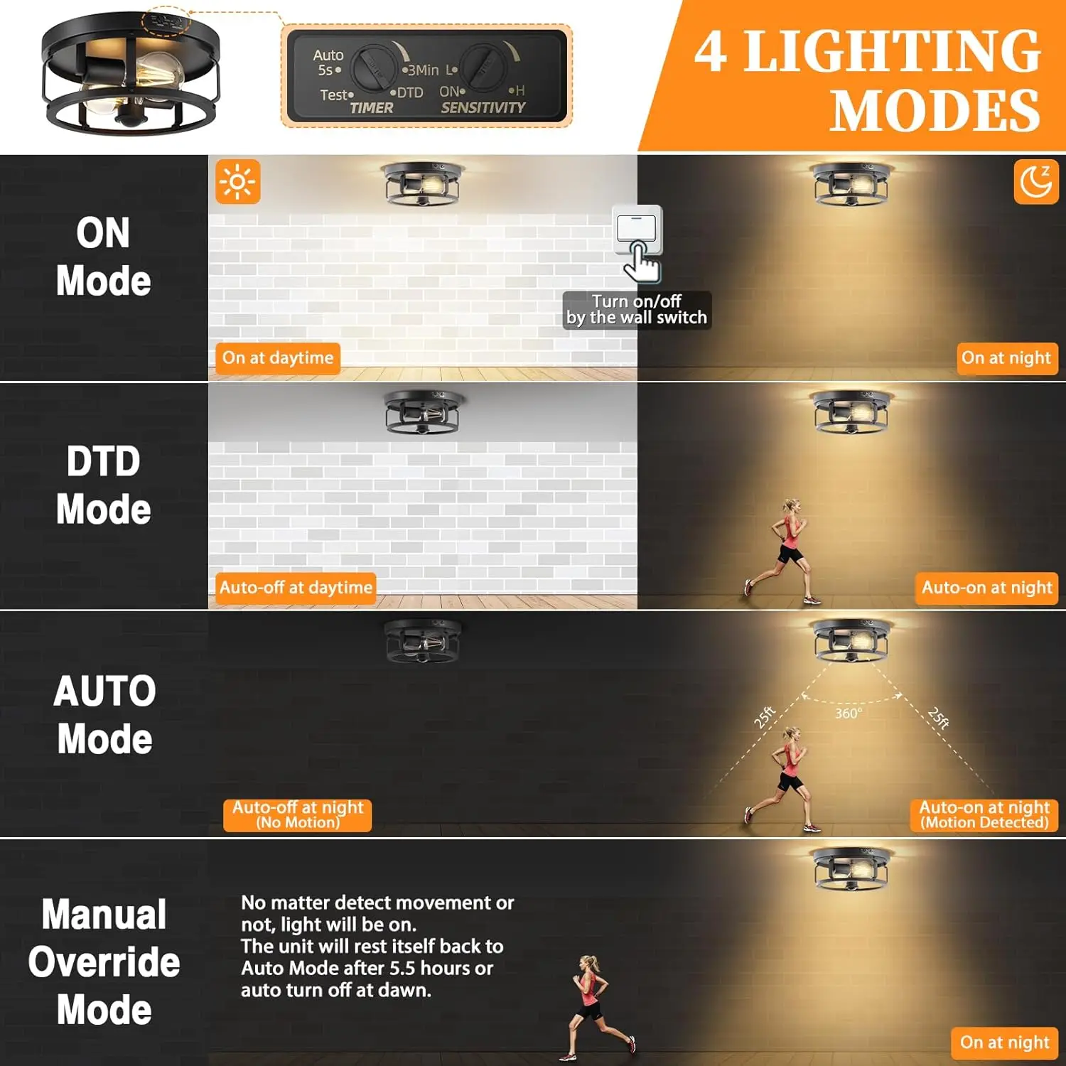 ضوء السقف في الهواء الطلق، 2-Light محس حركة فلوش جبل ضوء السقف، الغسق إلى الفجر في الهواء الطلق الشرفة ضوء السقف جبل