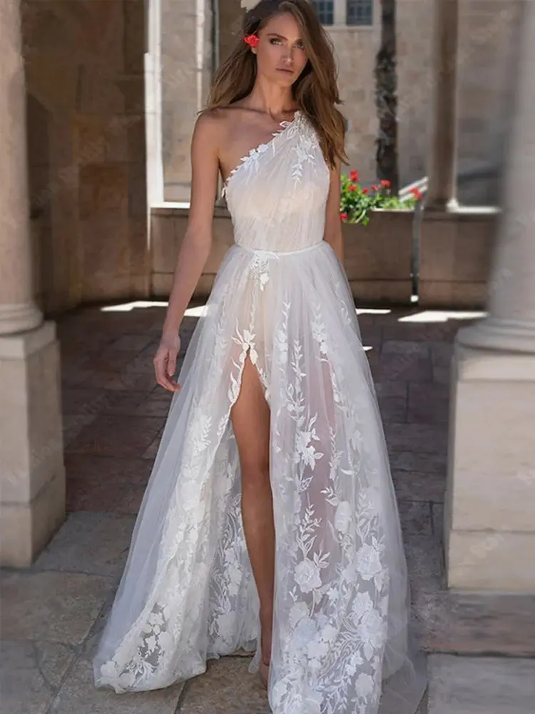 Illusion Single Shoulder Strap Women Wedding Dresses 2024 Lvory Lace Floral Print Bride Ball Bridal Gowns Mopping Length Vestido