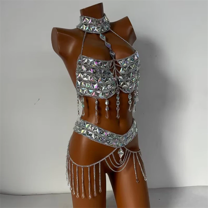 Damen 2-Teiliges Set Strass-Outfits Kristall-Neckholder-Top+Minirock Sexy Quasten-Körperkette Schmuck Nachtclub Bühne Festival – Detail 3