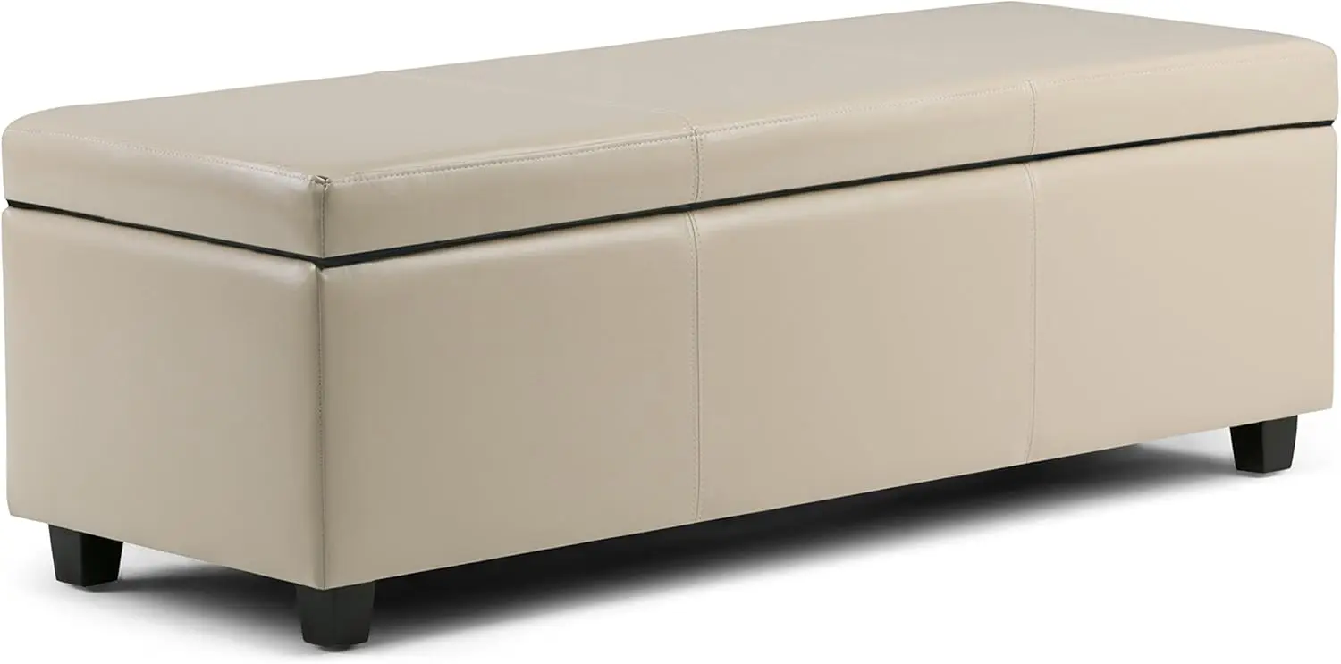 Avalon 48 Inch Wide Contemporary Rectangle Storage Ottoman Bench in Satin Cream Vegan Faux Leather, For the Living Ro