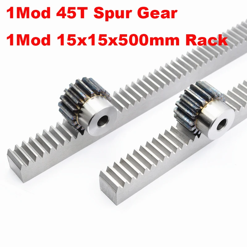 1PCS 1Mod 1 Modulus Gear Rack Steel 15*15*500mm + 1PCS 1Mod 45teeth Pinion Bore Hole 6/8/10/12mm Steel #45 Gear Metal Gear