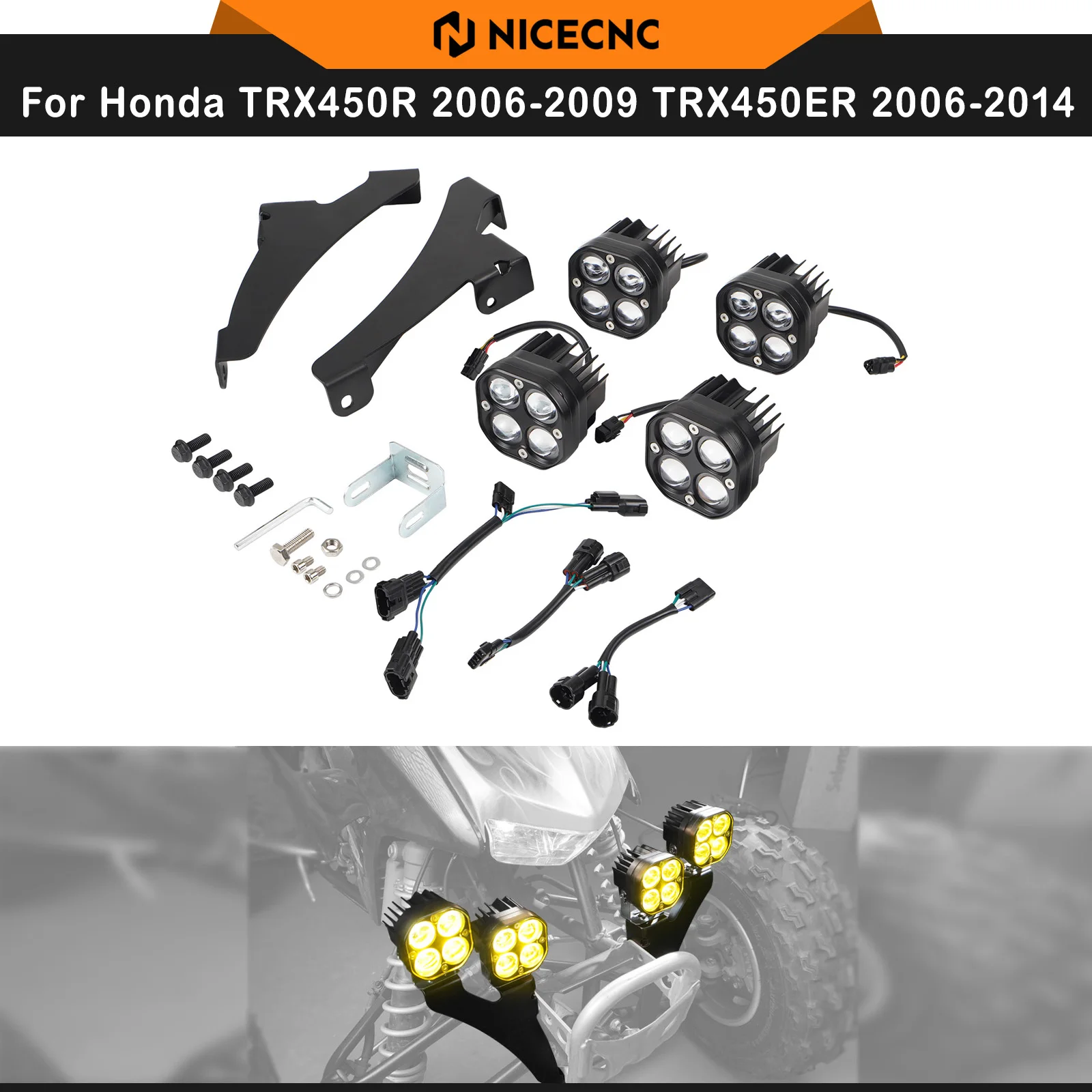 4PCS NICECNC Front Work Lights For Honda TRX450R 2006-2009 TRX450ER 2006-2014 Replaces 81150-HP1-600 25W 2000LM ATV Accessories