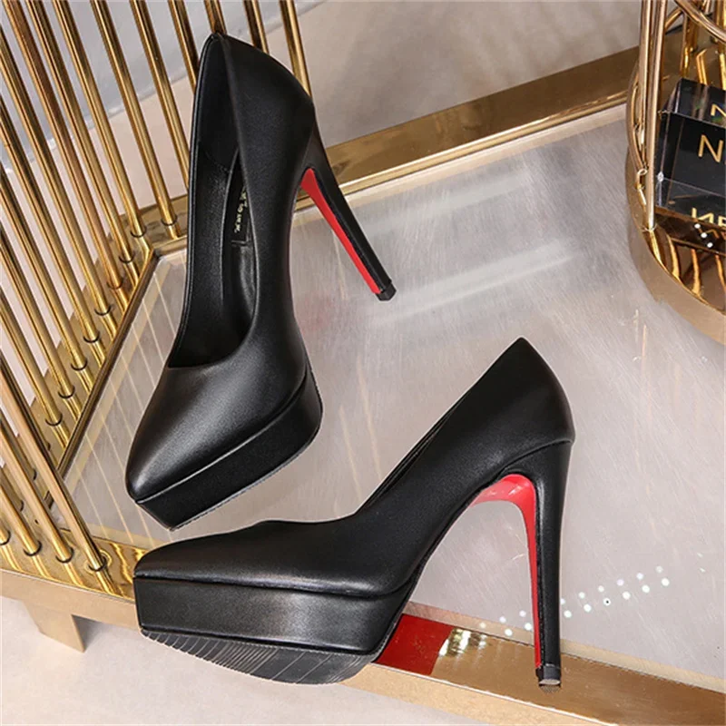 Zapatos de tacón alto de 12cm para mujer, calzado fetiche con plataforma de 3cm, Stilettos de cuero para discoteca, fiesta de graduación, fondo rojo, pasarela, negro, 2023