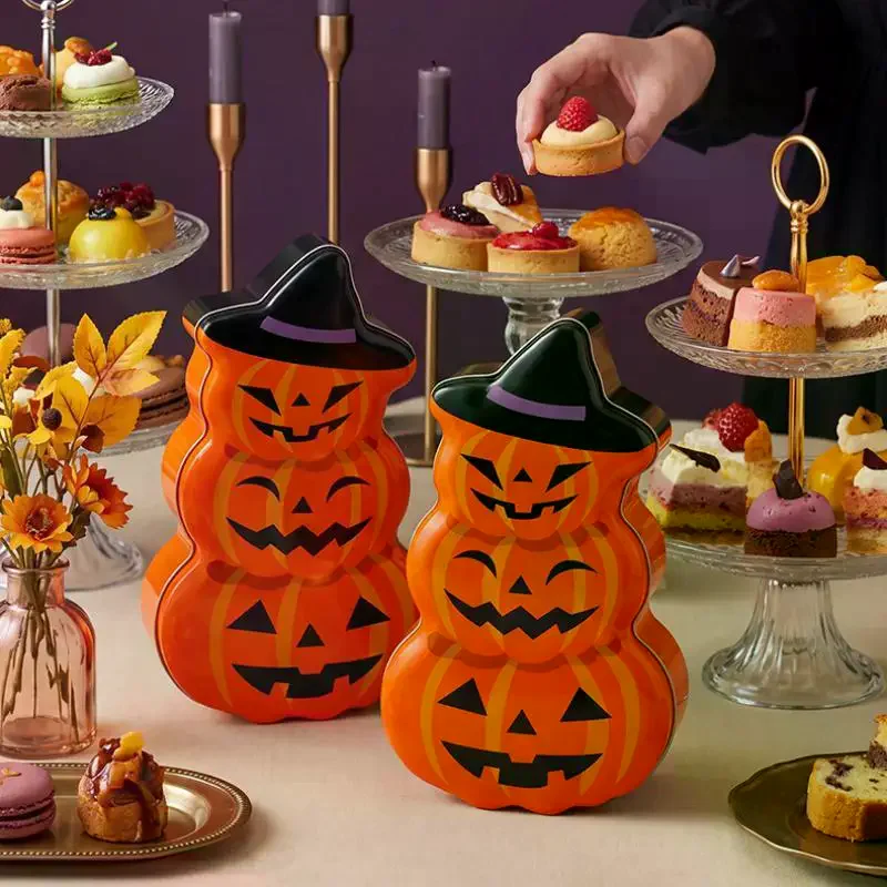 Halloween Stacked Pumpkin Shaped Tinplate Storage Empty Packaging Box Large Capacity For Halloween Party Candies Cookies