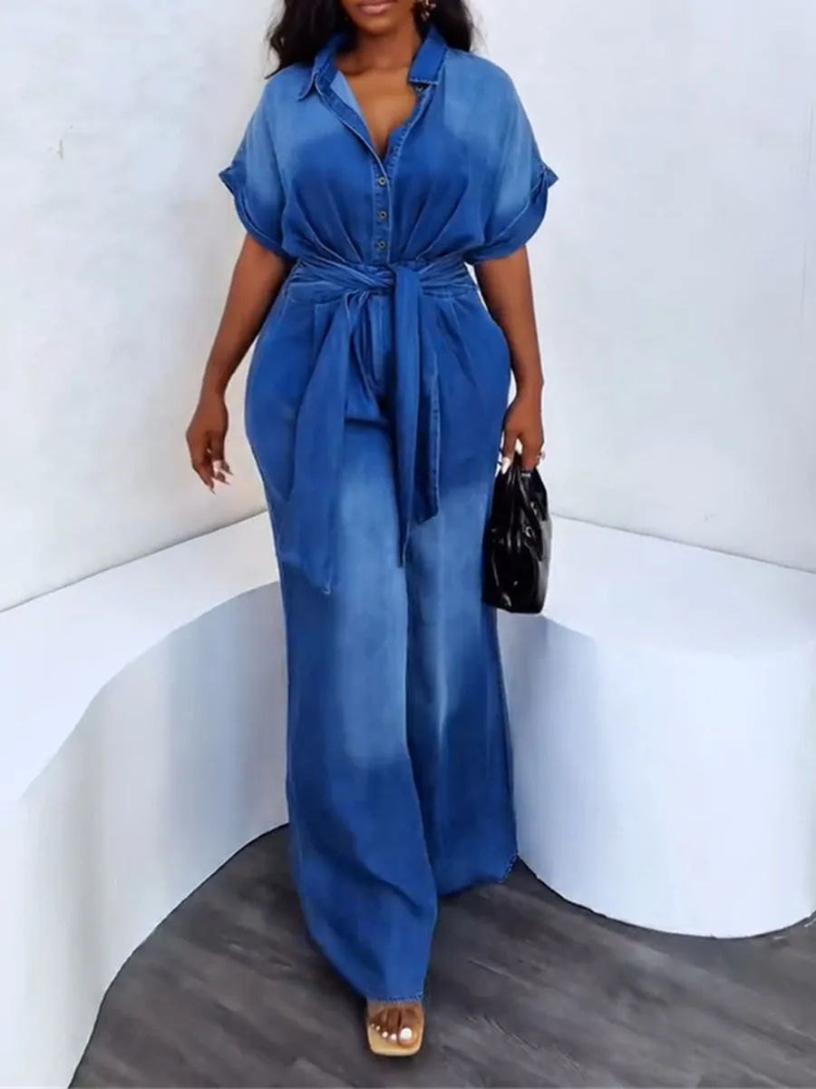 ZIML Tute larghe in pizzo impiombato di colore di successo per le donne Risvolto Manica corta Vita alta Temperamento Tute chic Moda femminile