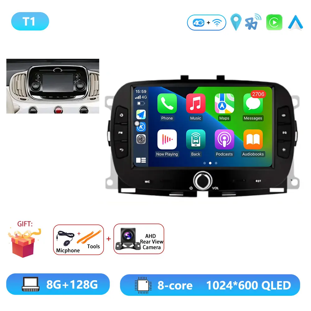 Android15 Voor Fiat 500 2016-2019 Autoradio Multimedia Speler Video Navigatie Carplay Stereo GPS WIFI DSP Carplay Android auto