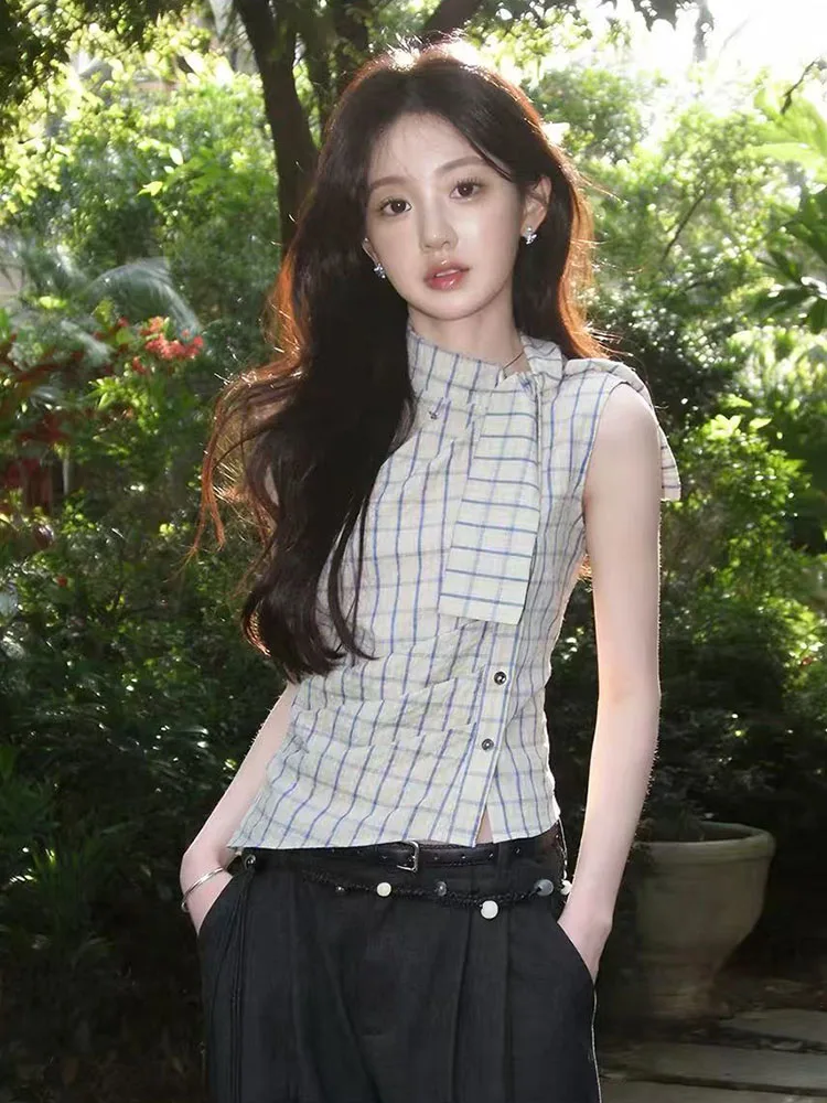 

American Plaid Lace Up Shirt Women Summer Fashion Asymmetrical Tops Female Y2K Harajuku Single Breasted All Match Blouse