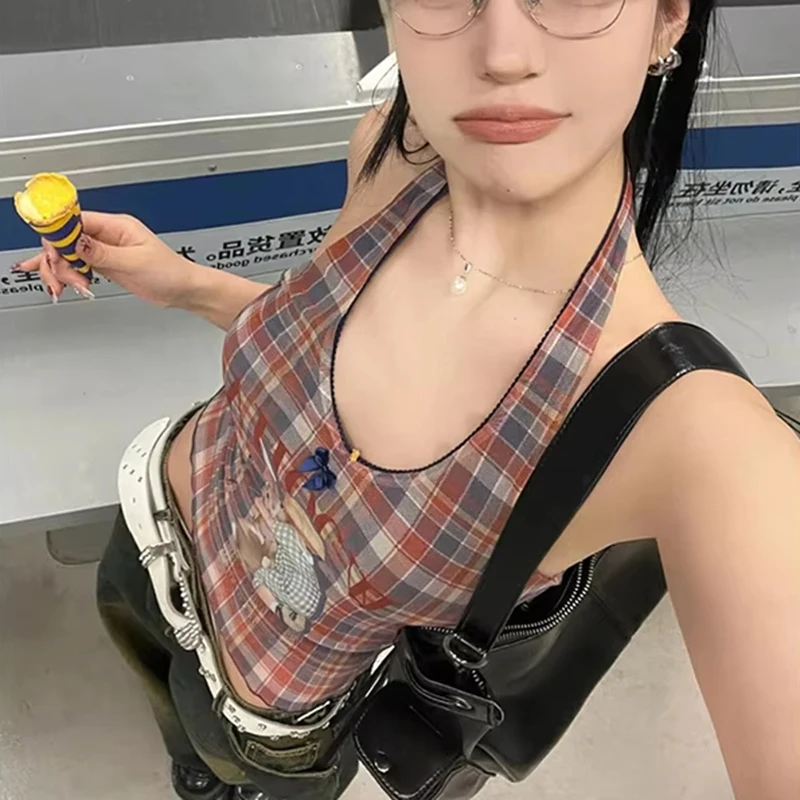 Vintage Mesh Tops Frauen Ärmellose Plaid Print Tank Tops Y2k Retro Backless Camis Tops Streetwear 2000er Jahre Japanischen Sommer