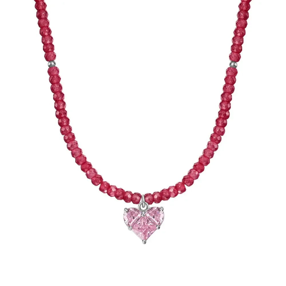 

S925 silver high-end necklace for women, delicate pink heart, rose red bead design, round bead chain, women's wedding jewelry