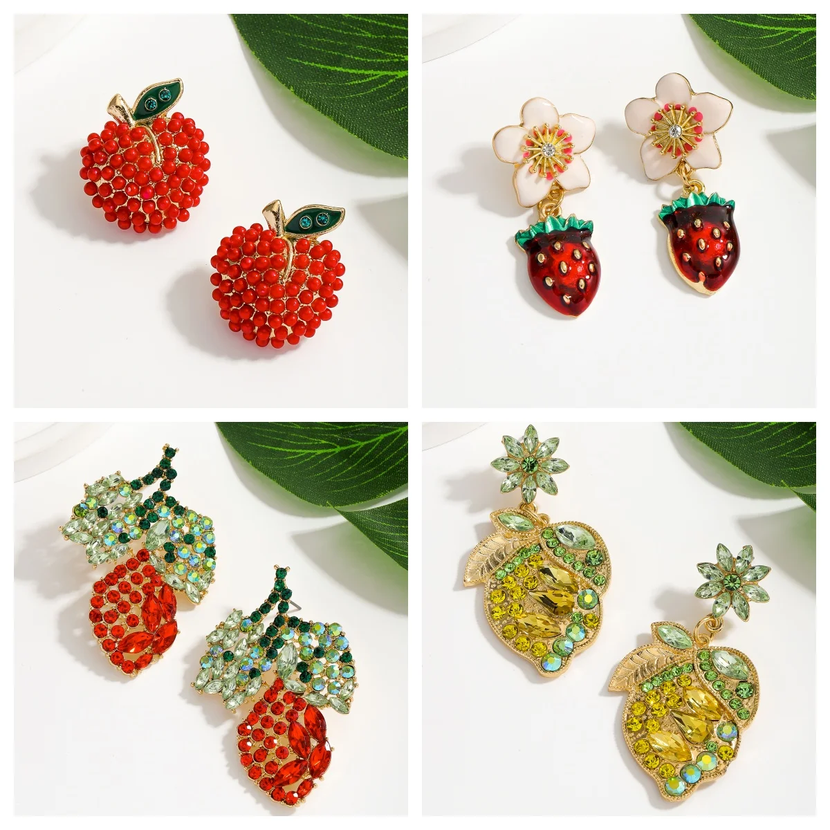 Colgante de limón y fresa a la moda para mujer, joyería de aleación de fruta de manzana con diamantes de imitación a la moda, regalo divertido y bonito para vacaciones diarias