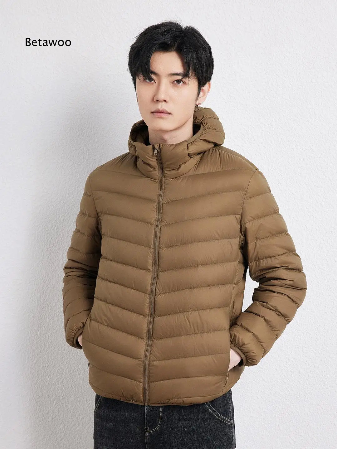 Men Hooded Lightweight Down Jacket Full Zip Front Side Hand Pockets Packable Warm Outerwear for Autumn Winter Daily Outdoor Wear
