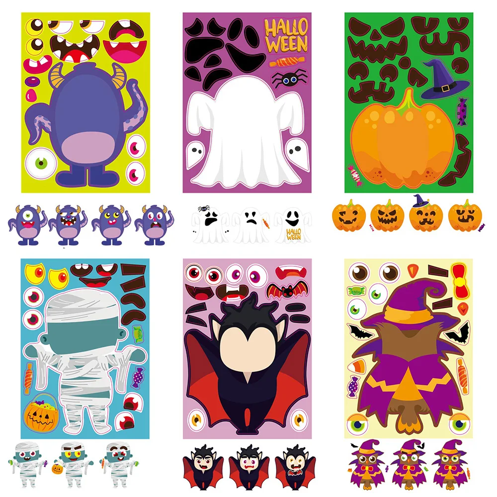 6/12Sheets Make a Face Puzzle Stickers for Kids DIY Your Own Pumpkin Ghost Mummy Monster Sticker Child Halloween Party Gifts