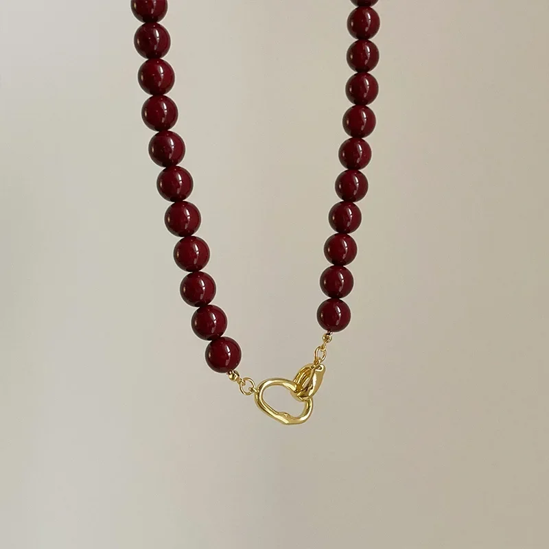 Minar – collier de perles en pierre naturelle d'agate rouge foncé française pour femmes, chaîne plaquée or, Double fermoir à bascule, ras de cou circulaire