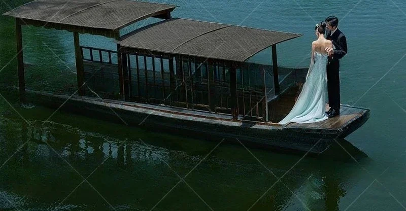 

Wooden boat antique hand rowing electric scenic spot sightseeing catering double canopy catering tourist reception