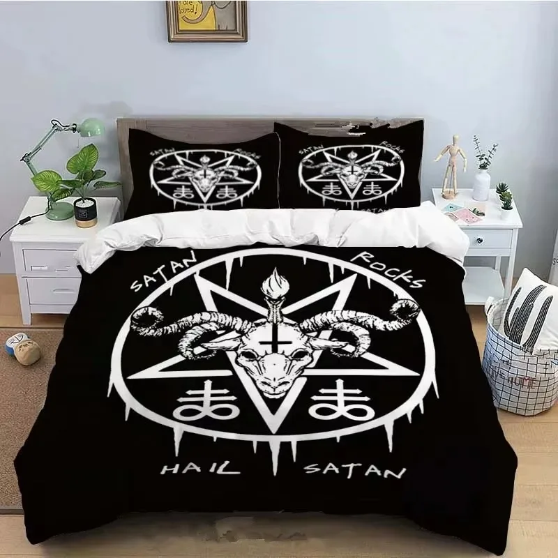 Baphomet Duvet Cover King Queen Size Pentagram with Demon Satanic Goat Head Bedding Set for Boy Men Horror House Comforter Cover