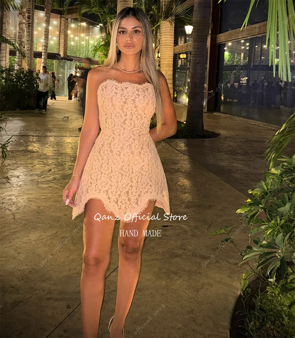 Qanz Mini robes De bal rose dentelle complète Apliques sans bretelles au-dessus du genou robes De Gala Corset dos robe De soirée Cocktail personnalisée