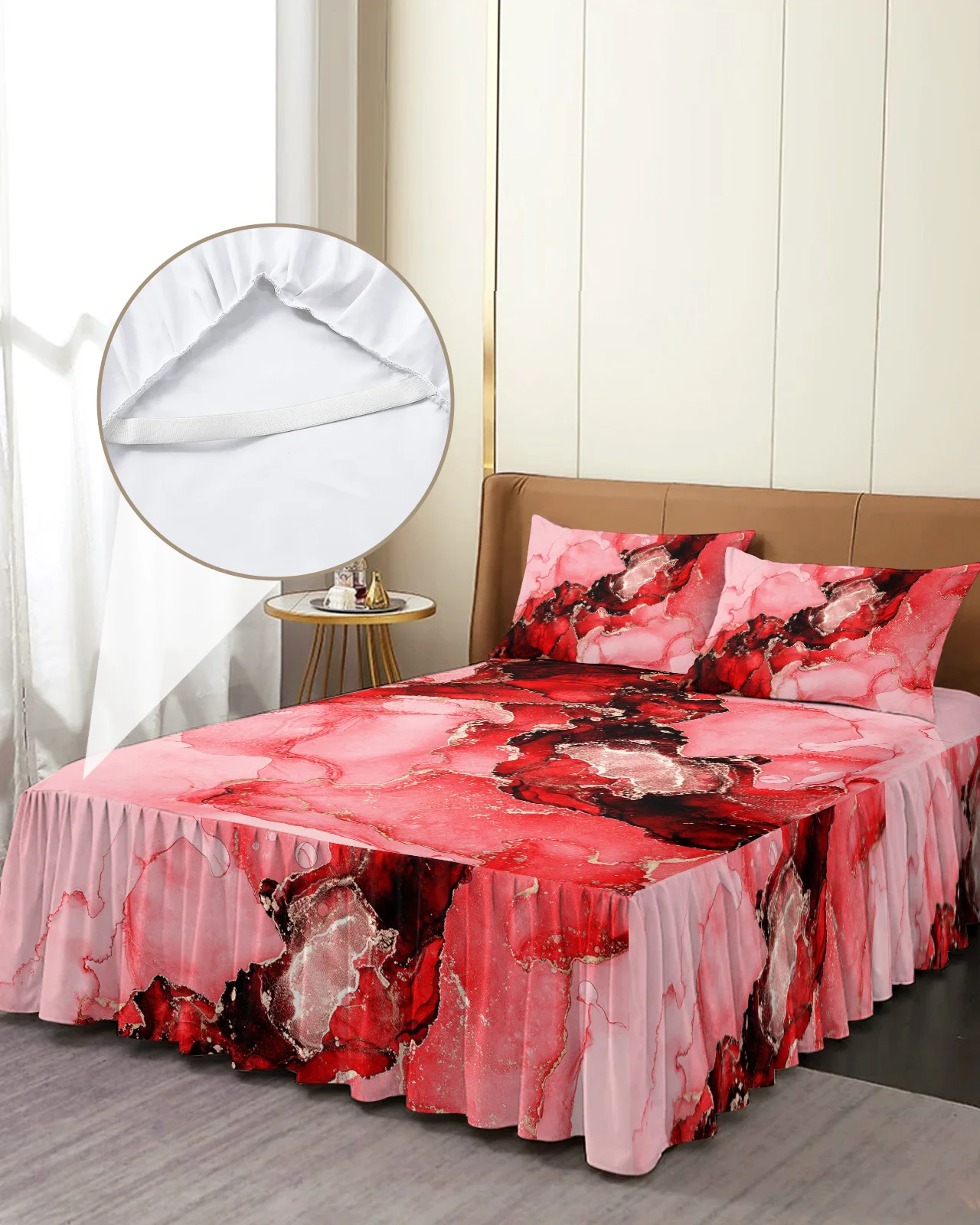 

Marble Texture Red Bed Skirt Elastic Fitted Bedspread With Pillowcases Bed Protector Mattress Cover Bedding Set Bed Sheet