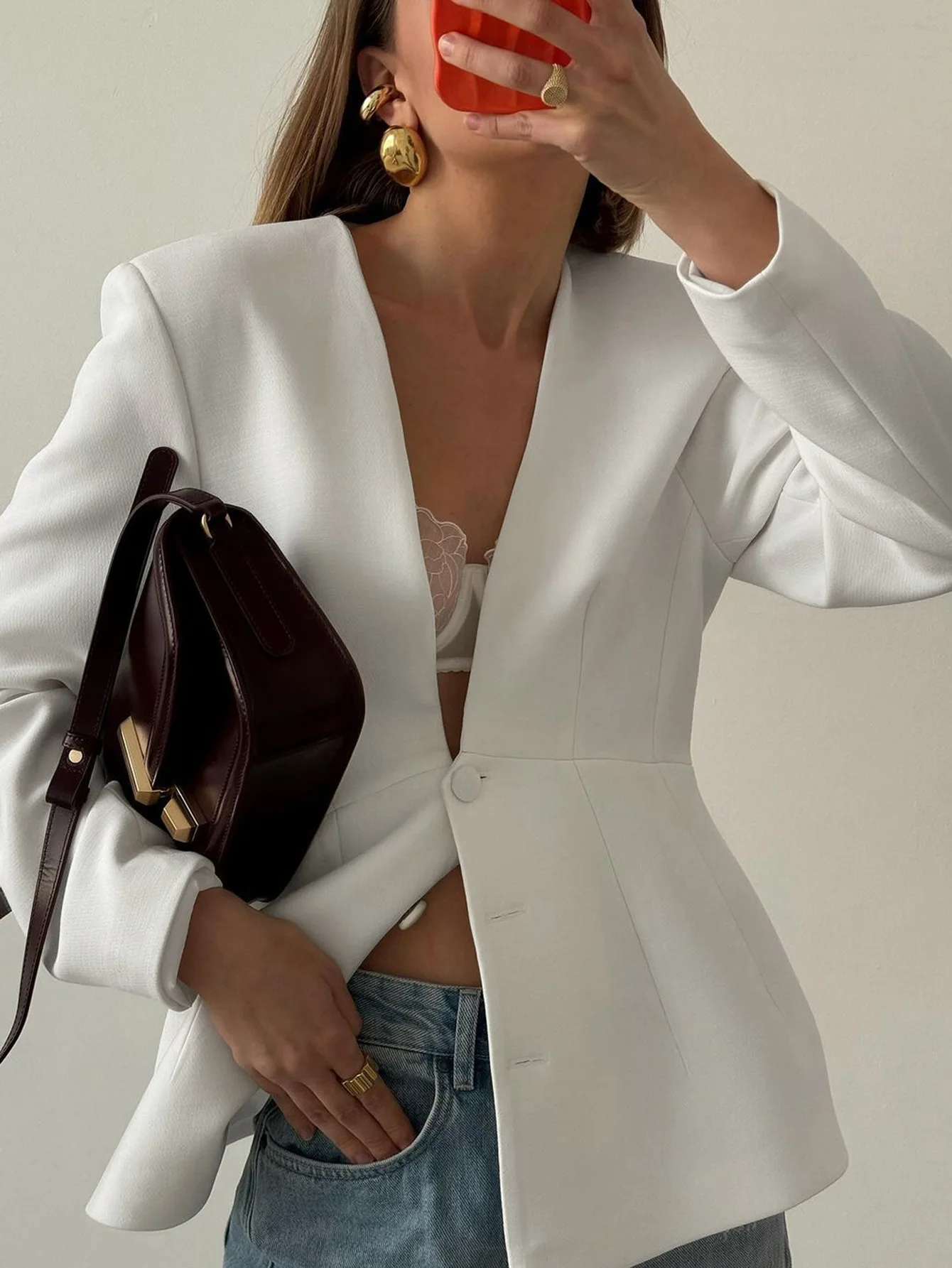 

2026 Spring/Autumn Women 2 Pieces Deep V-Neck Blazer Set Single Breasted Chic Blazer Coat High Waist Pants Office Lady Outfits