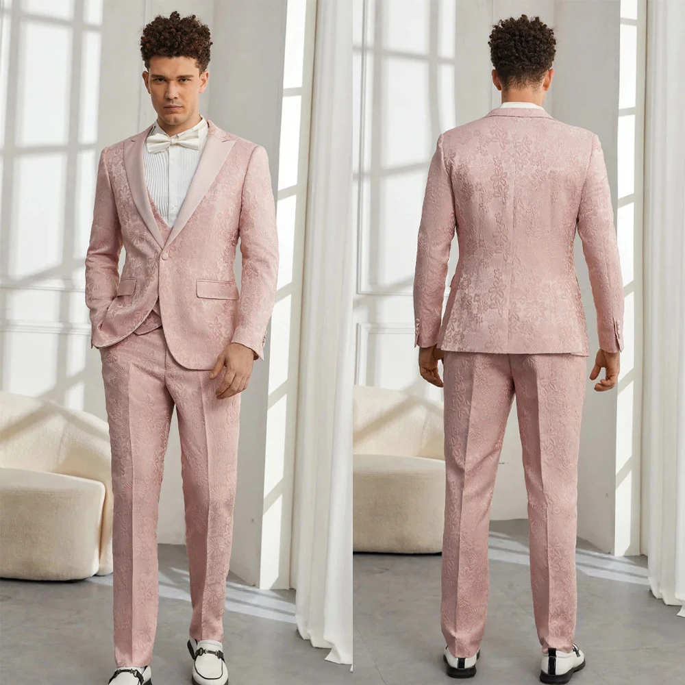 

Leisure Men's Suit 3 Pieces Blazer Pants Bow Collar Jacquard Fabric Wedding Tuxedos Work Business Formal Customized