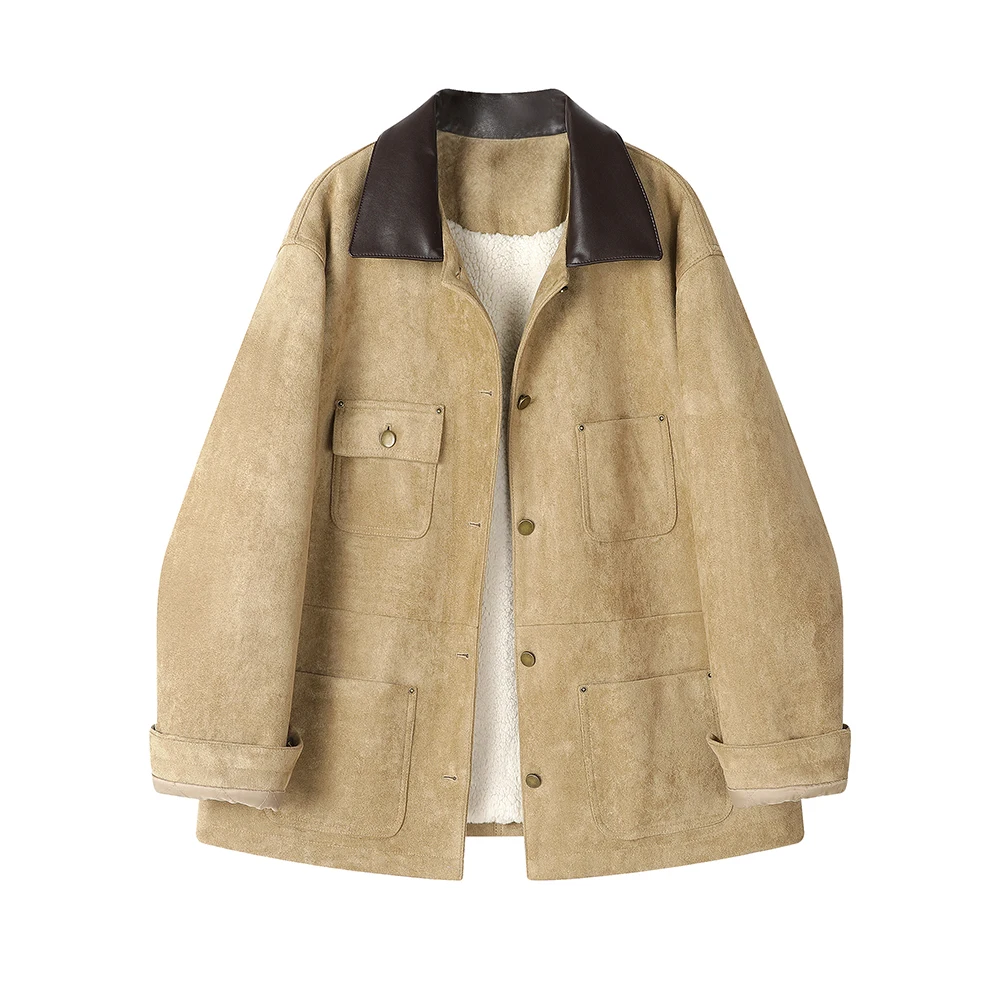 سترة نسائية من جلد الغزال مع بطانة شيرلينغ صناعية كبيرة الحجم معاطف شتوية 2024 ملابس خارجية جديدة من الصوف الدافئ طراز عتيق