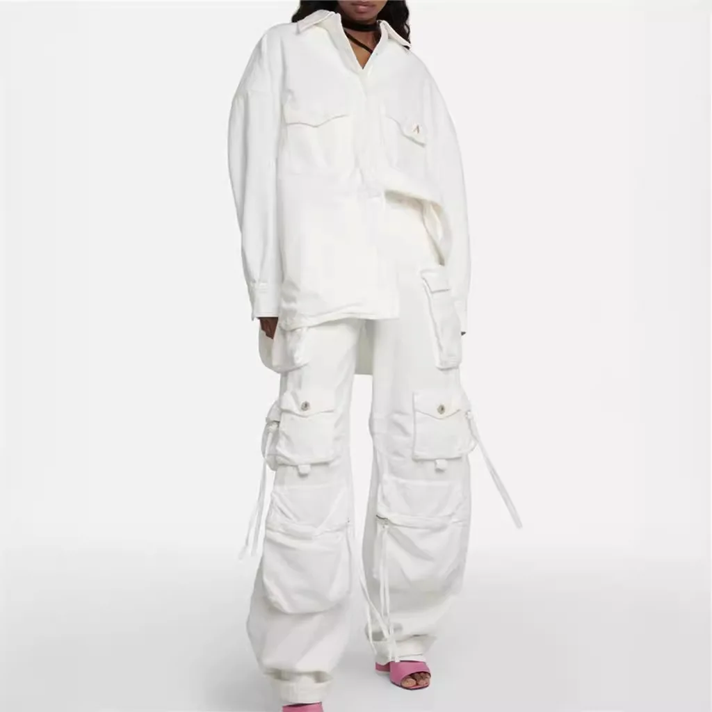 Amerikaanse streetstyle dameswerkkleding jeans lente zware industrie imitatie oud gewassen gescheurd gat multi-pocket wijde pijpen