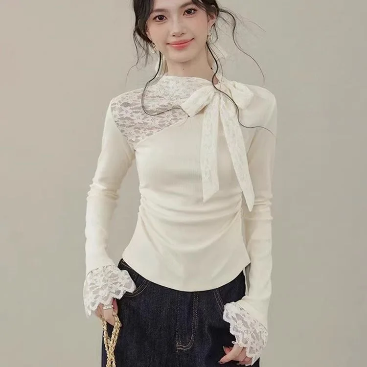 

plus Size Women's Long Sve T-irt High Collar Lace Knot Velvet Autumn Winter Slimming Inner Wear Base Top