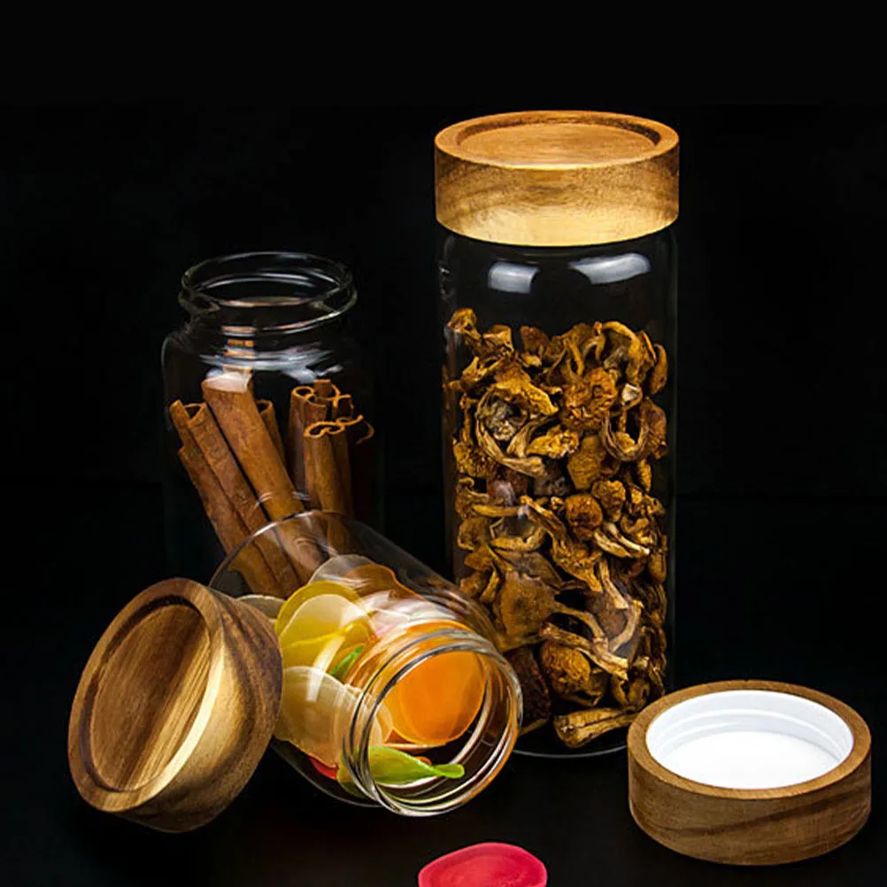 

1Pcs Glass Storage Jar Transparent Wooden Lid Sealed Grain Container Kitchen Food Holder Long-Lasting Multi-Functional