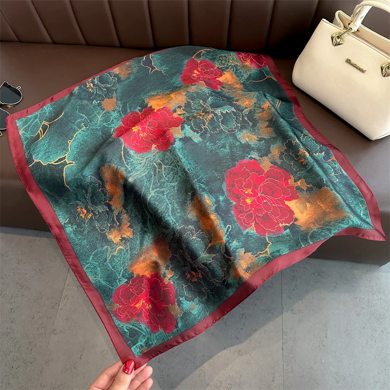 Women Vintage Printing 70X70cm Square Silk Scarf For 2024 New Spring Summer Lady Kerchief Luxury Hijab Hairband Foulard Ribbon