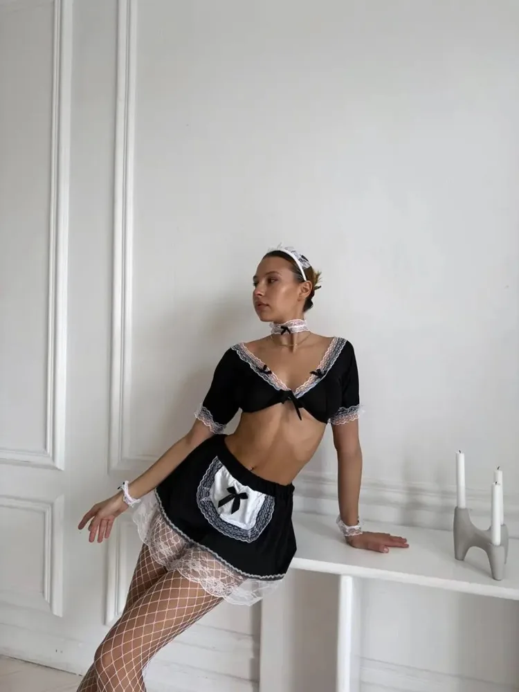 Women's Black White Maid Costume Lingerie Set Crop Top Mini Skirt Apron Lace Trim Choker Sexy Role Play Uniform Outfit for Women view 4